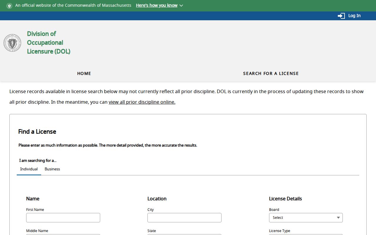 Haverhill resident lookup using the Massachusetts eLIPSE license search form